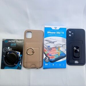iPhone 11 Wallet Cases, silicone and faux leather. 1 Screen protecter. 1 mount.